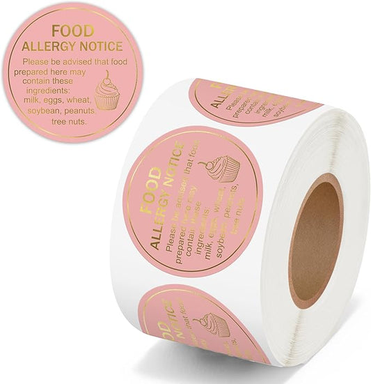 PANTIDE Food Allergy Notice Stickers - 500 Count Allergen Warning Label Gold Foil Adhesive Round Decal Roll, Food Alert Safety for Restaurant Home Kitchen Bakery Cake Shop (2 x 2 Inch, Pink)