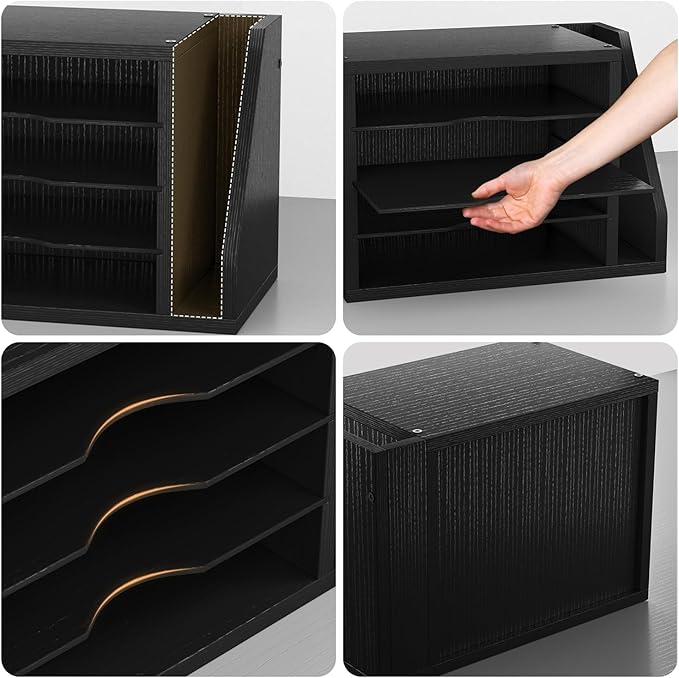 Mail Sorter, File Organizer Desktop, Wood Desk Organizer with 3 Adjustable Shelves, Mail Holder for Office, Home, Letter Sorter File Holders for Envelopes, Mail Supplies Magazines, Black