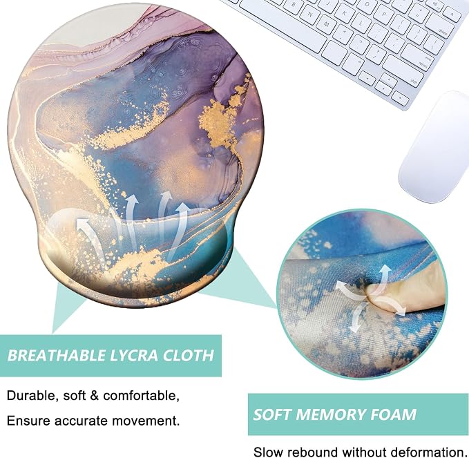 Mouse Pad with Wrist Support, Ergonomic Mouse Pad with Memory Foam Wrist Rest Cushion, Non-Slip Rubber Base Gaming Mice Pad for Home Office Computer Laptop, Colorful Marble