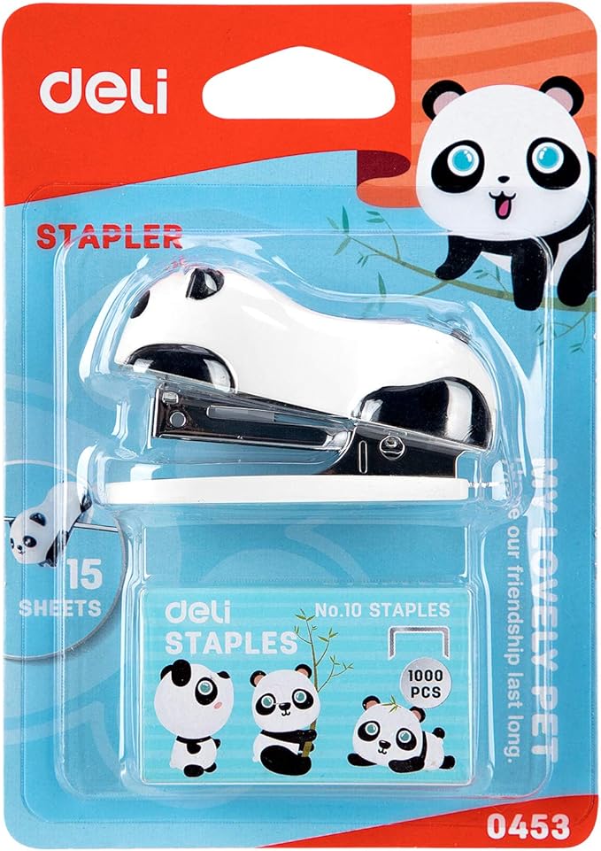 Deli Mini Cute Panda Desktop Stapler, Office Stapler, 12 Sheet Capacity, Includes Built-in Staple Remover & 1000PCS No.10 Staples