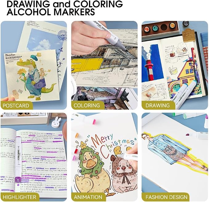 TRANSON Alcohol Markers for Drawing Coloring 24 Colors Dual-tip Fine and Brush Tips
