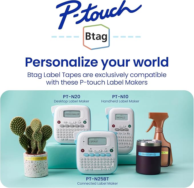 Brother Genuine P-Touch Btag Label Tape, BTAG3M02, 0.47 in by 13.1 ft, White on Purple, Black on Light Blue, White on Pink, 3-Pack. (Works Only with Brother PT-N10, PT-N20, PT-N25BT Label Makers)