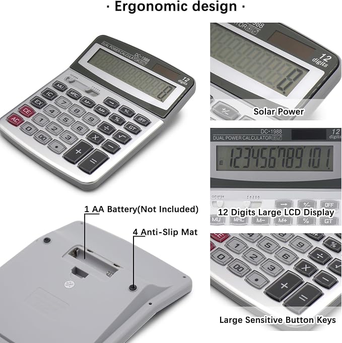 OFFIDIX Desk Office Calculator, 12 Digits Large Solar LCD Display ﻿ | Big Buttons Dual Power Solar Calculator, Desktop Calculators for Work, Business, Home and School