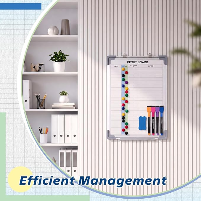 in and Out Magnetic Dry-Erase Board Aluminum Framed White Board with Lines Names with Magnetic Dry-Erase Marker, Eraser, and Magnets Wall-Mounted for Office Employee (16" X 12",Colored Styles)