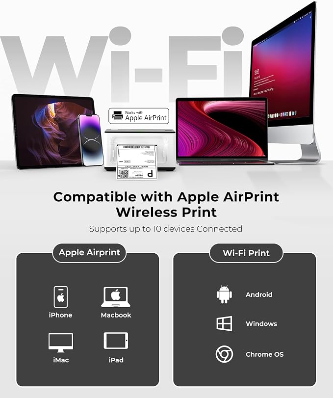 MUNBYN Wireless Wi-Fi AirPrint Thermal Printer Shipping Label Printer | Compatible with iPhone, iPad, MacOS, Android Windows Suit for Small Business, Etsy, USPS, No Ink, Fast & Clear Printing