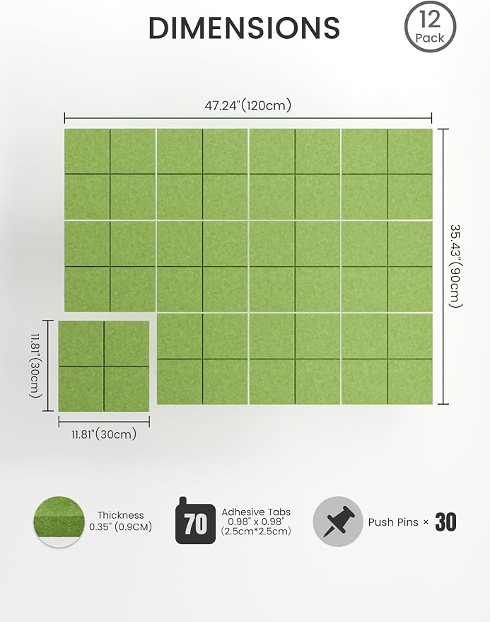 Bumusty 48" x 36" Large Cork Board Alternative, Kelly Green | 12-Pack Felt Bulletin Board Tiles, 60 Adhesive Tabs, 30 Pushpins, Home, Office, Classroom, Vision Board