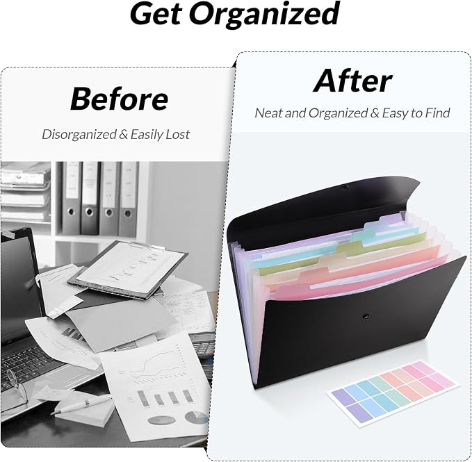 SKYDUE Cute Accordion File Organizer, Expanding File Folder with 8 Pockets, Document Organizer with Colorful Tabs for School, Office, Hospital Tax, Receipts Storage Letter/A4 Size Black