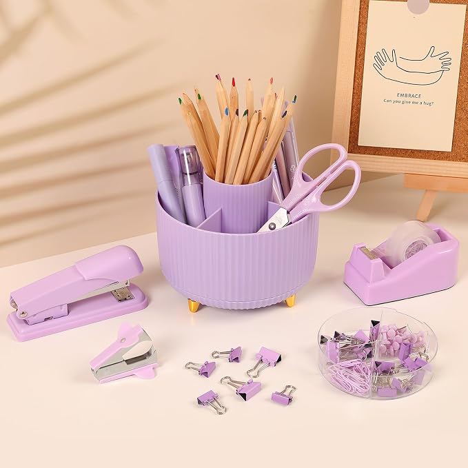 SKYDUE Purple Office Supplies Set with Pencil Holder for Desk,11 PCS | Desk Supplies Sets with Stapler,Tape Dispenser, Scissors, Ruler, Binder/Paper Clips and 1000pcs Staples,Office Decor