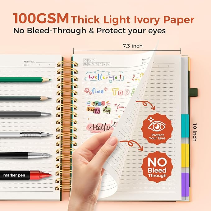 Line Hardcover Spiral Notebook with Removable Dividers Tabs & Ruler, 5 Subject Notebook College Ruled, 300 Page, Large 8"x10" B5 Notebooks for Work School, Lined Journal for Women & Men, Green