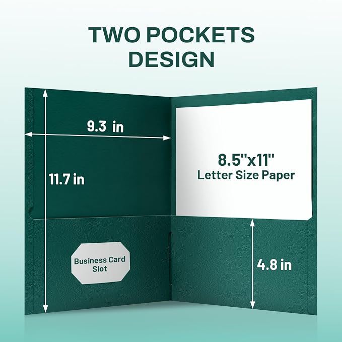 SUNEE Two Pocket Folders, 25 Pack File Folders with Business Card Slot, Textured Paper, Fit Letter Size Paper, Paper File Folder for School Office Home Business, Hunter Green