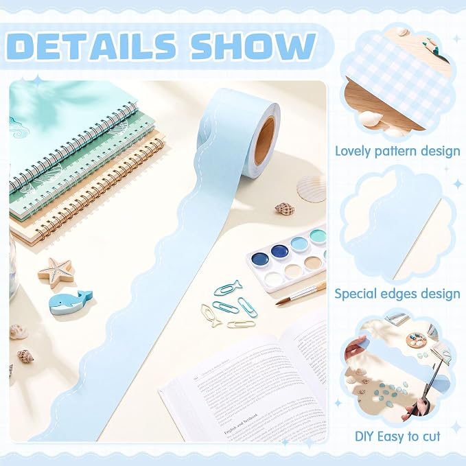 2 Rolls 65.6ft Marcaron Blue Gingham Bulletin Board Borders Decoration Blue Checkered and Straight Edge Bulletin Borders Board Trim for Office School Classroom Chalkboard Party Decoration