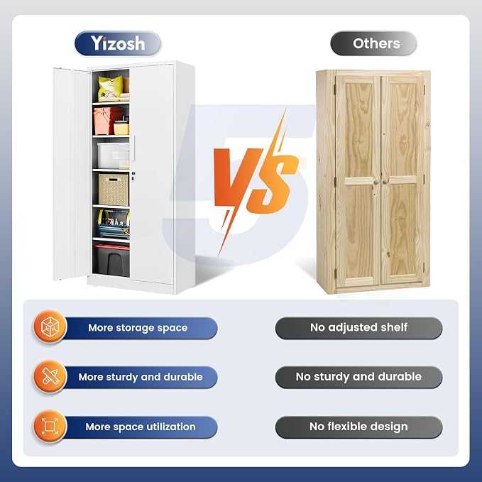 Metal Storage Cabinet with Locking Doors and 5 Adjustable Shelves,- 72" Garage Storage White Steel Lockable File Cabinet for Office,Home,Garage