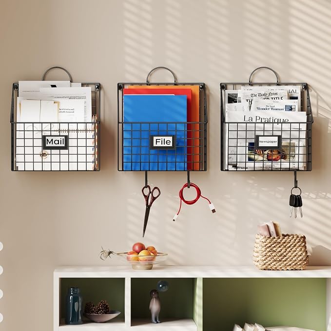 3 Packs Hanging Wall File Organizer with Hooks, Magazine Rack ,Mail Basket | Metal Wall Mounted File Holder Folder with Handles , Home Office Organization for Papers Document Book, No Assembly Required