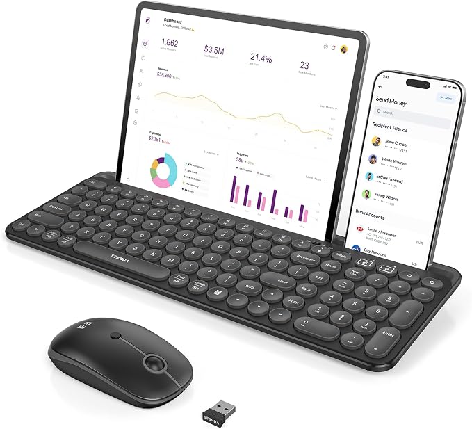 seenda CTU-301 Bluetooth Keyboard and Mouse Combo for iPad,Black | Bluetooth+2.4G combo with tablet holder, full-size keys and quiet clicks for iPad, iPhone, Mac, Windows and Android.