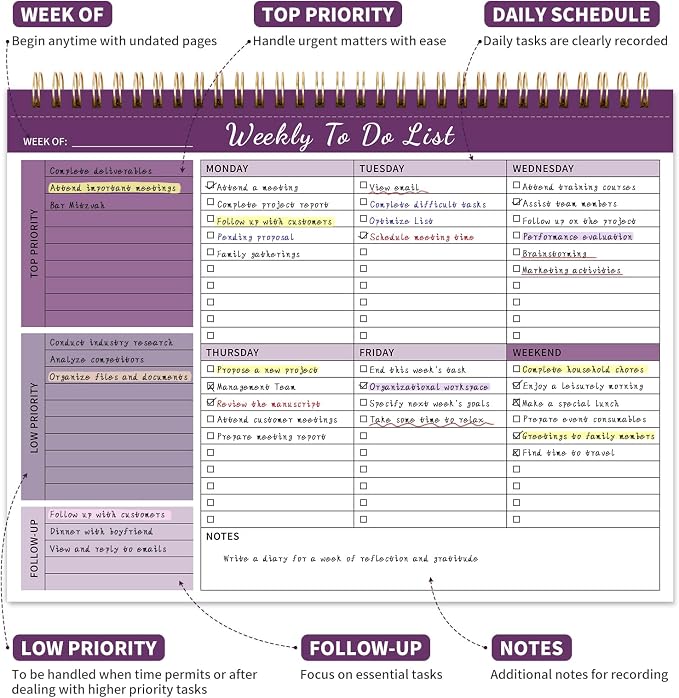 104 Pgs Weekly To Do List Notepad 52 Duplex-Printed Undated Sheets 100 GSM | （8.5"×11") Weekly Desk Planner For Work Home School Office Desk Accessories Supplies & Goal Setting Tasks - Purple