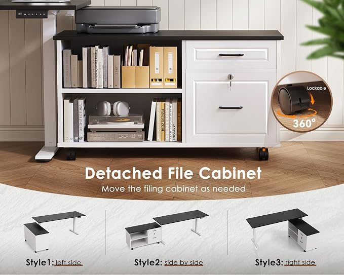 55" L Shaped Electric Standing Desk with Cabinet Sets, Black/White | Mobile Drawers & File Cabinet Sets for Flexible Layout, Height Adjustable Executive Stand Up Desk for Home Office Workstation