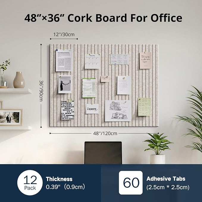 Felt Bulletin Board 48"×36" Cork Board with 60 Adhesive Tab Oatmeal | 12 Pack Cork Boards for Office, Pin Boards For Walls, Use in Bedroom Home Classroom Decor