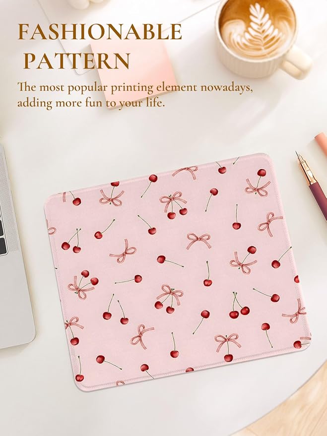 Cute Cherries Mouse Pad, Waterproof Aesthetics Bowsknot Mouse Pads Design, Non-Slip Rubber Base Computer Simple Funny Mousepad,Small Mouse Mat Desk Accessories Office Supplies,Red Cherry Pink
