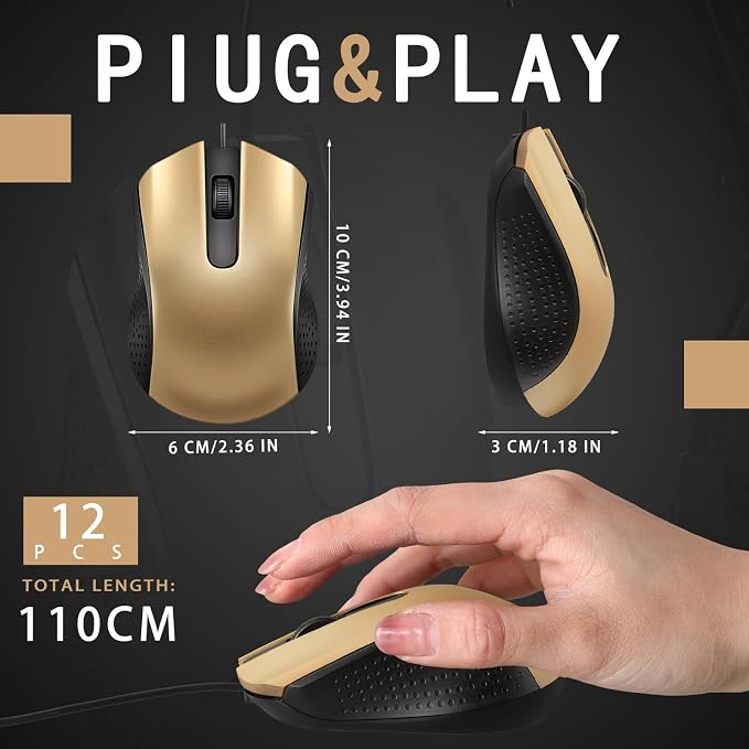 Hoteam 12 Pcs Wired Mouse Bulk, USB Ergonomic Computer Mice,Gold | Plug Play USB Cord, Textured Grip for Office Gaming, Desktop Laptop Compatible, Bulk Office School Business Supply