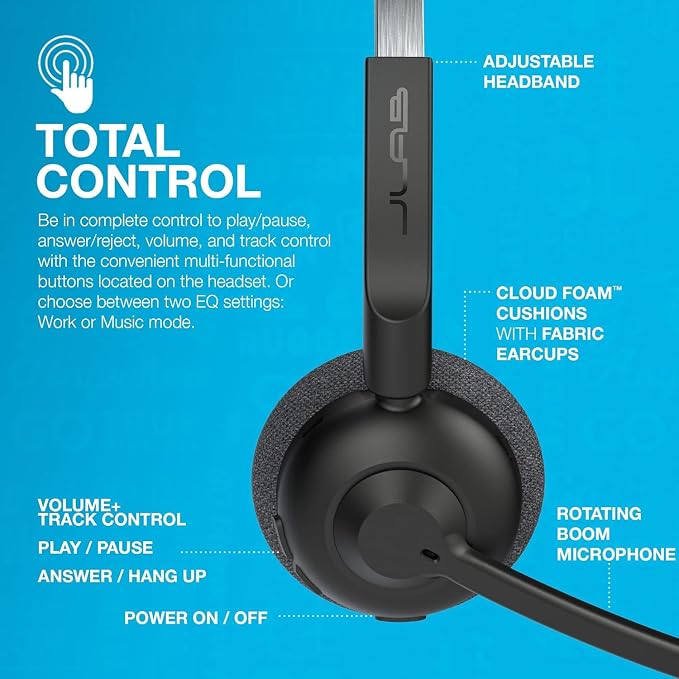 JLab Go Work Pop, On-Ear Wireless Headset, Bluetooth Multipoint, Noise Canceling Boom Mic, Black