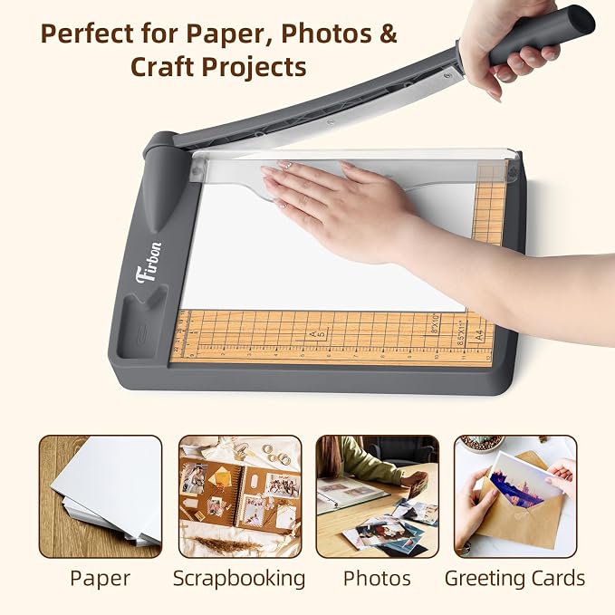 Firbon 12 Inch Wood Guillotine Paper Cutter, Heavy Duty Paper Trimmer | 12-Sheet Capacity | Stable Wood Base| Precision Dual Scales | Paper, Cardstock & Photo Trimmring| Office & Home Use