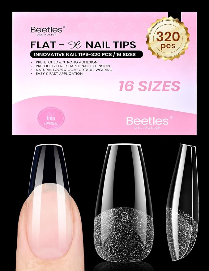Beetles Gel Nail Tips Flat-X - Coffin Medium, 320pcs 16 Sizes, Pre-Etched Half Matte Full Cover Soft Acrylic Press on False Nail Extension Tips Easy DIY Salon Art for Flat & Natural Nail Beds