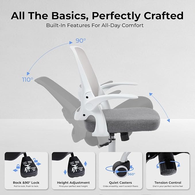 amseatec Mesh Office Chair, Ergonomic Home Office Chair with Flip-Up Arms | Breathable Mesh Back & 3" cushion. BIFMA Certified. 90-110° Rocking. Supports 300 lbs.
