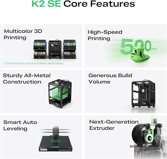 Creality K2 SE 3D Printer, 500mm/s High-Speed Printing, Support Multi Color 3D Printing Needs CFS, Solid Metal Build, Auto Leveling, Direct Drive Extruder, Quick-Swap Nozzle, 220×215×245mm Print Size