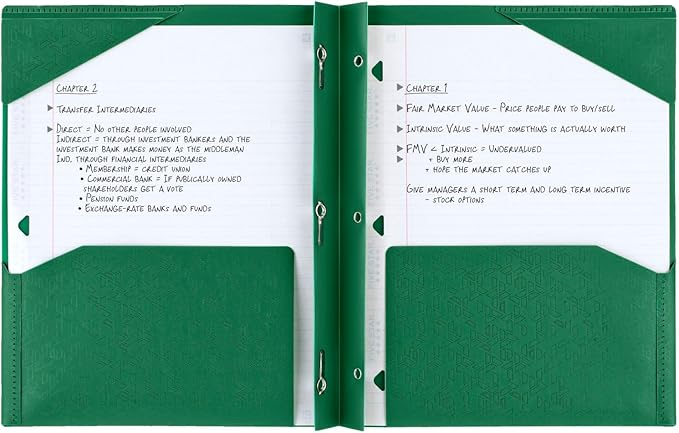 Five Star 2 Pocket Folder, Plastic Folder with Stay-Put Tabs and Prong Fasteners, Fits 3-Ring Binder, Holds 8-1/2" x 11" Paper, Writable Label, Forest Green (72111) (Pack of 2)