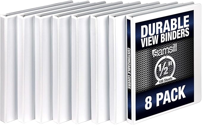 Samsill 8 Pack Durable 0.5 Inch 3 Ring Binders, Round Ring, Clear View Cover for Presentations, White
