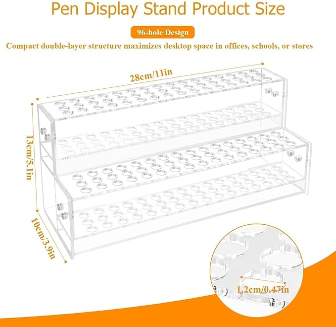 96-Slots Pen Display Stand,2-Tier Acrylic Pen Holder for Craft Shows,12mm Beadable Pens Stand Paint Brush Holder Pencil Organizer Makeup Brush Rack Art Brush Organizer for Office Desk School Supplies