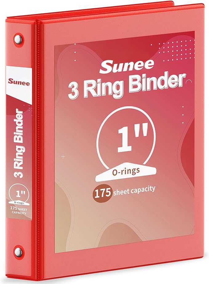 SUNEE 3 Ring Binder 1 Inch 1 Pack, Clear View Three Ring PVC-Free (Fit 8.5x11 Inches) for School or Office Supplies, Red