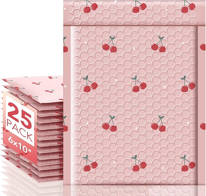 METRONIC Bubble Mailers 6x10 Inch 25 Pack Cute Padded Mailer Usable Size 6x9 Waterpoof Padded Envelopes Strong Adhesion Bubble Envelopes for Packaging Makeup, Jewelry, Cherry
