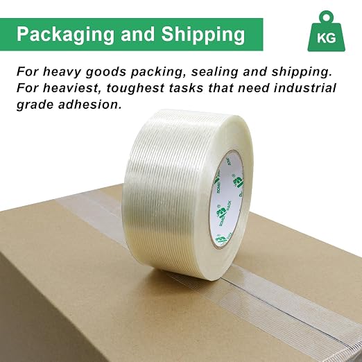 BOMEI PACK Filament Strapping Tape, 5.3 Mil 2 Inch x 60 Yards, Heavy Duty Reinforced Fiberglass Packing Tape, 2 Pack