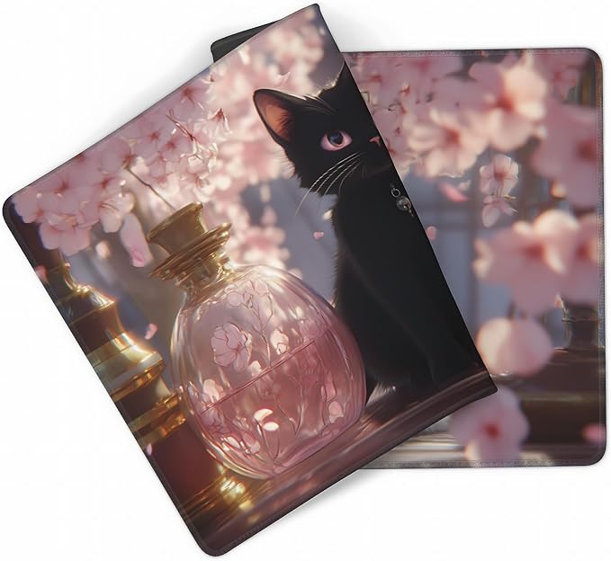 Cute Anime Black&White Cat Gaming Mouse Pad, Pink Dreamy Desk Mat with Anti-Slip Base & Stitched Edges,35.4" x 15.7" in Table Mat for Computer Desktop, Beautiful Workstation Decor