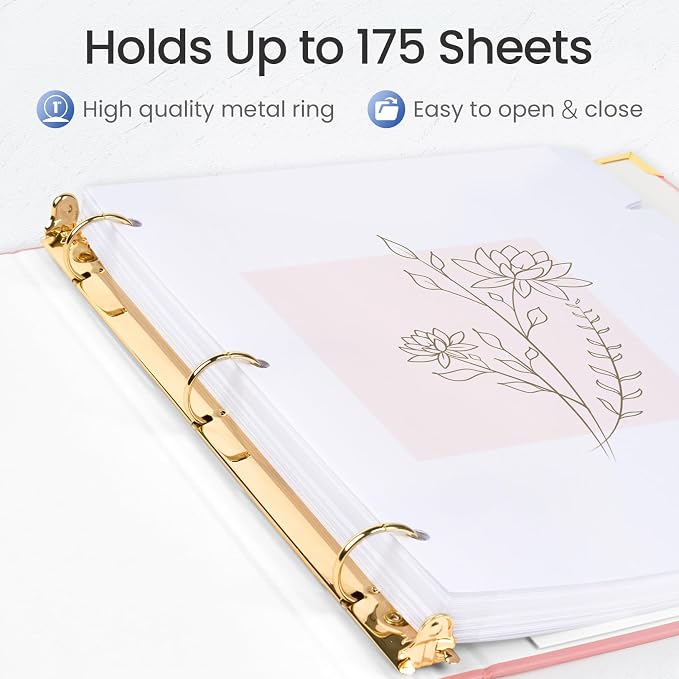 Sooez 3 Ring Binder 1 Inch with Foil Stamping & Metal Corner, Letter Size | Aesthetic Three Ring Binder, 175 Sheets, Fits 8.5" x 11" / A4 Paper, Interior Pocket, School Home Office Wedding Recipes