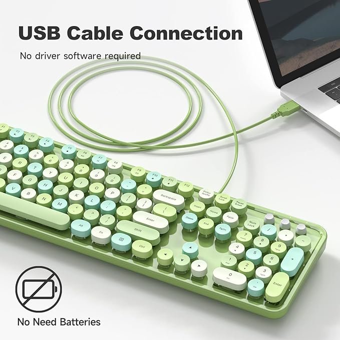 Computer Keyboard Wired, Plug and Play USB Retro Round Typewriter Keyboard, Full Size Wired Keyboard with Foldable Stands for Laptop and Office PC