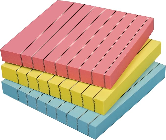 Better Office Products Lined Sticky Notes 3 x 3, 3 Pack, 300 Sheets (100/Pad), Self Stick Notes with Lines, Assorted Pastel Colors, Post Memos, Strong Adhesive, 3 Pads