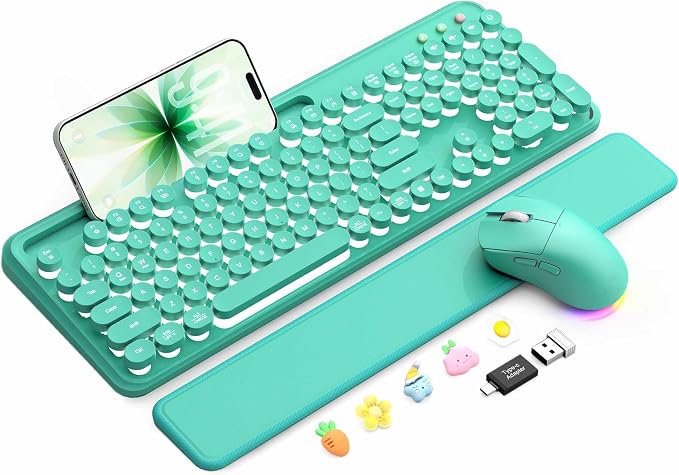 Wireless Keyboard and Mouse, Backlit Typewriter with Magnetic Wrist Rest | Phone Holder, Light Up Round Keycaps, Lighting Mouse, 2.4GHz Cordless Set for Mac, Windows, PC, Laptop, SABLUTE