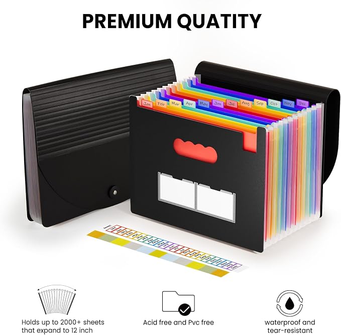 Sooez Accordion File Organizer, 13 Pocket Expanding File Folders, Letter/A4 | Portable Monthly Paper Bill Tax Receipt Organizer, Letter A4 Size Document Holder with Blank Labels