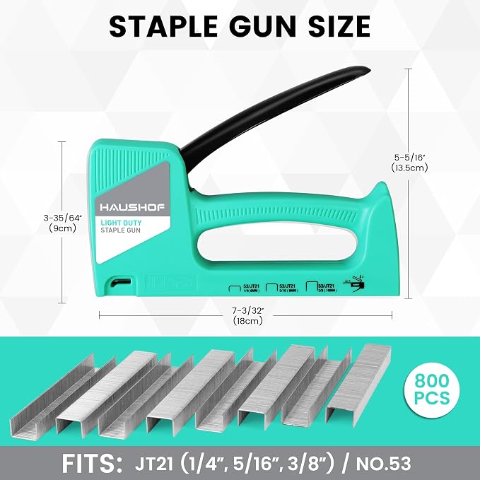 HAUSHOF Light Duty Staple Gun, Upholstery Staple Gun with 800PCS JT21 Staples and Stapler Remover, Fits JT21 Staple of 1/4'', 5/16'' & 3/8'', Used for Wood, Classroom, Crafts, DIY, Decoration (Green) | Upholstery Staple Gun Fits JT21 Staple of 1/4'', 5...