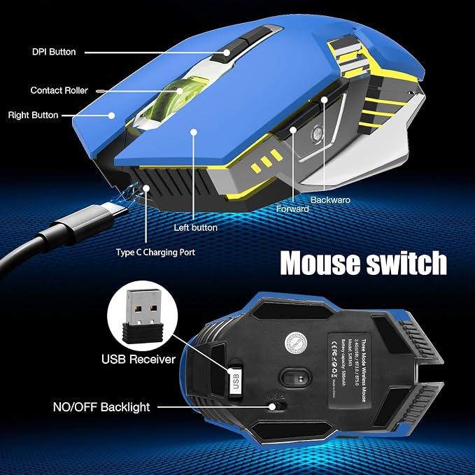 3-Mode RGB Silent Rechargeable Wireless Gaming Mouse Blue | BT5.0/BT3.0+2.4G connection, RGB backlight & quiet click, for gaming office, compatible with Laptop, PC, Mac, iPad & Tablet