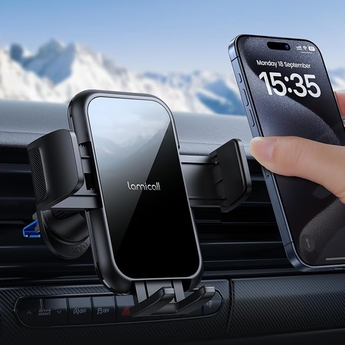 Lamicall 2026 Wider Clamp & Metal Hook Car Phone Holder Vent Accessories | Thick Cases Friendly Phone Holders for Your Car Mount Hands Free for Women Men for iPhone 17 16 15 14 13 Pro Max Lucite Black