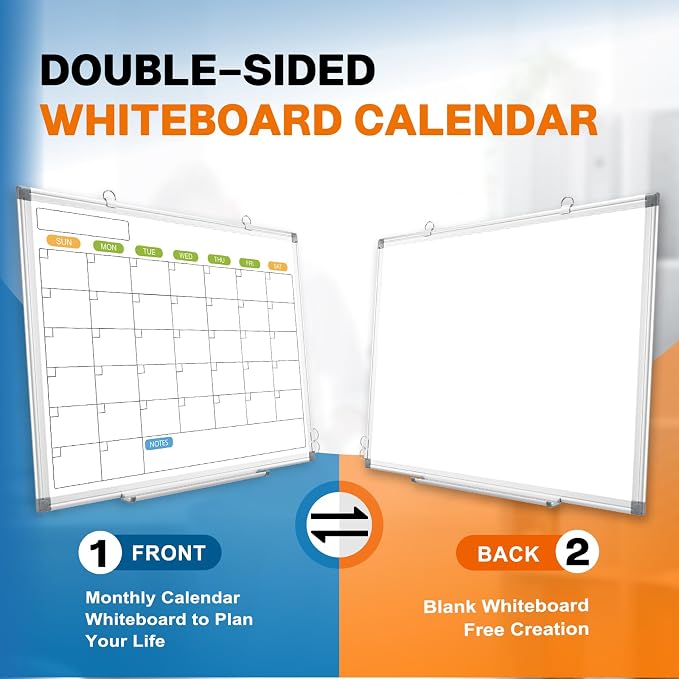 24" x 18" Magnetic Monthly Dry Erase Whiteboard Calendar for Wall | Double-sided & Smooth Writing Calendar White Board Hanging Aluminum Frame, Home, School, Office