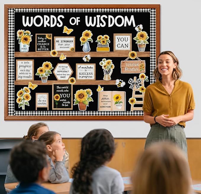 Summer Sunflower Bulletin Board Set Motivational Flower Classroom Decorations Words of Wisdom Bulletin Board Sunflower and Vases Bookshelf Paper Cutouts for Back to School Classroom Library Wall Decor