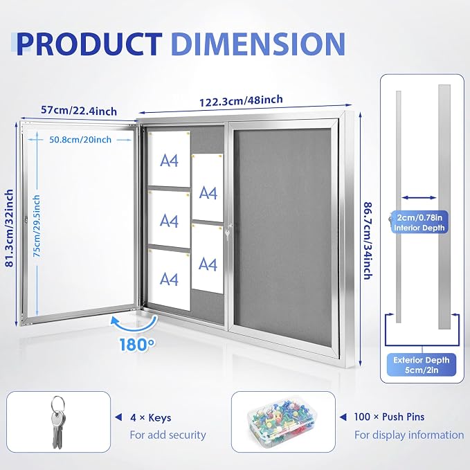 SWANCROWN 48x34 in Enclosed Bulletin Board Outdoor Display Case, Grey Felt | Lockable, Shatter Resistant, Weatherproof, Silver Aluminum Frame, Notice Board for Office School Business Community