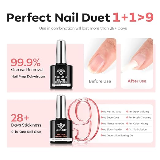 modelones X Nail Gel Kit Almond,15Sizes Fake Nails 510Pcs, 9-in-One Glue Prep Dehydrator & Portable Mini U V Light Acrylic Clipper, Extra Short Almond Press on Tips Extension Kit