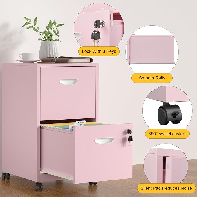 SteeLoong 2 Drawer File Cabinet,Metal Mobile File Cabinet with Lock Pink | Filing Cabinet with Wheel,Vertical File Cabinet for Home Office,Under Desk Rolling File Cabinets for Hanging Letter/A4