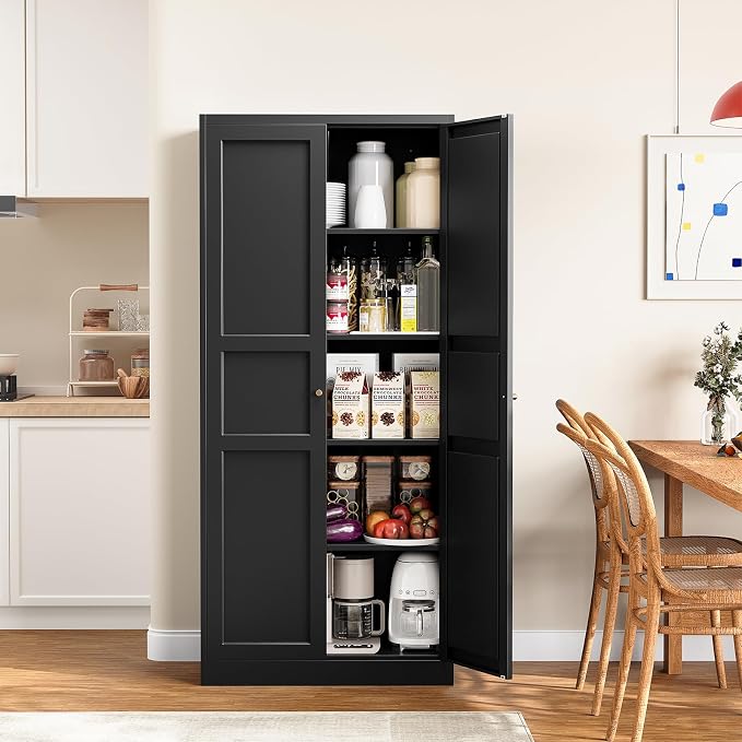 Metal Storage Cabinet with 2 Doors and 4 Adjustable Shelves - 71" Black Kitchen Pantry Storage Cabinet, 4-Tier Tall Steel Cabinet Locker for Kitchen, Living Room, Dining Room