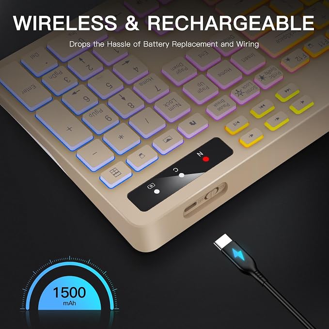 Soueto Wireless Keyboard with 7-Color RGB Backlit, Full-Size Computer Keyboard with Phone Tablet Holder, 2.4G Rechargeable Gaming Keyboard with Light Up Keys, Compatible with Mac, Windows (Latte)